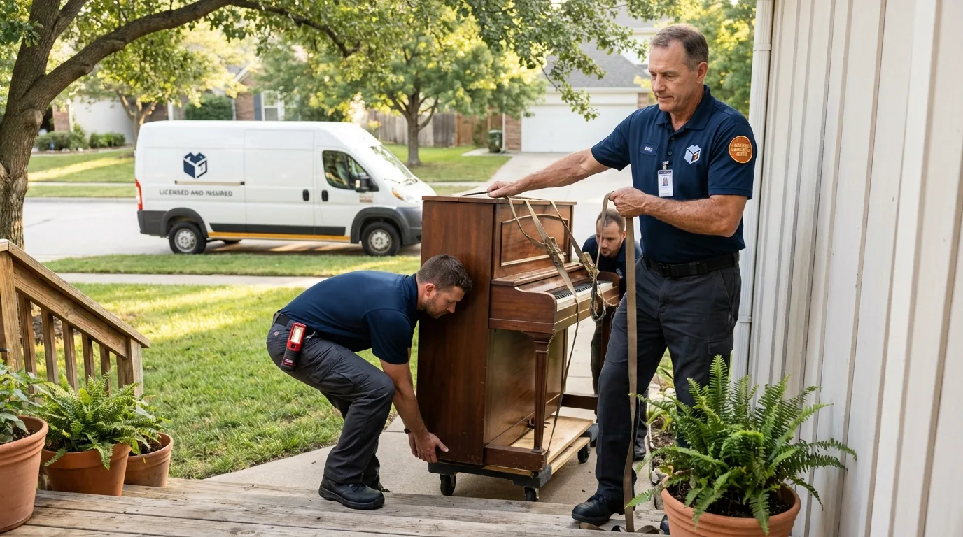 Licensed piano movers securing grand piano in Broomfield, CO