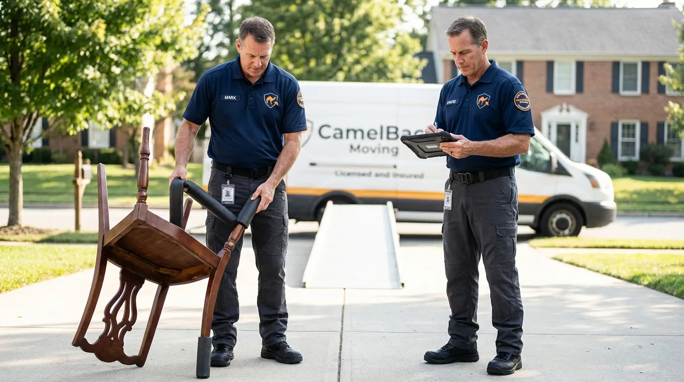 Movers inspecting furniture for damage prevention before loading in Broomfield, CO