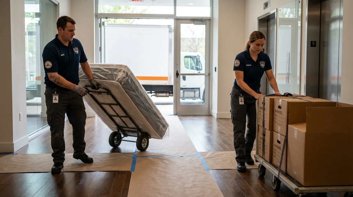 Professional apartment movers loading elevator in Broomfield, CO